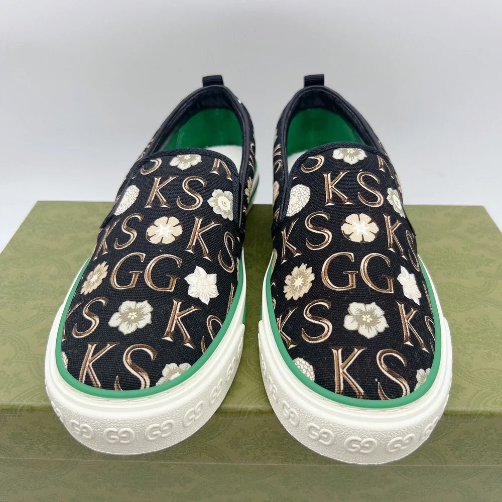 GUCCI Tennis 1977 Sneaker Ken Scott Print Mens Loafer Black White UK 8.5 US 9